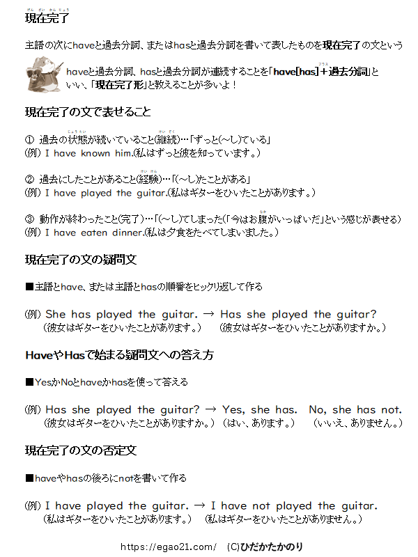現在完了の文、疑問文、否定文