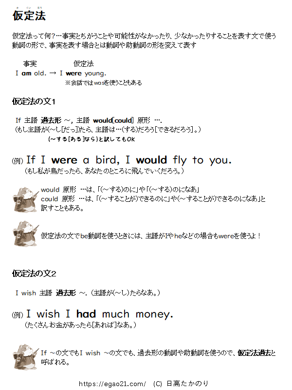 仮定法(過去)〔If 主語 過去形 ～, I wish 主語 過去形 ～〕