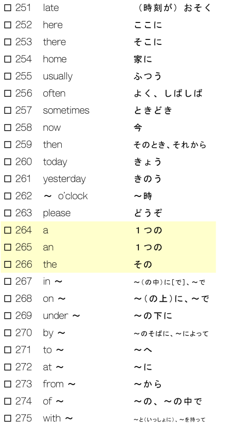 重要中学英単語(１年生編-副詞②、冠詞、前置詞、疑問詞、助動詞、接続詞）